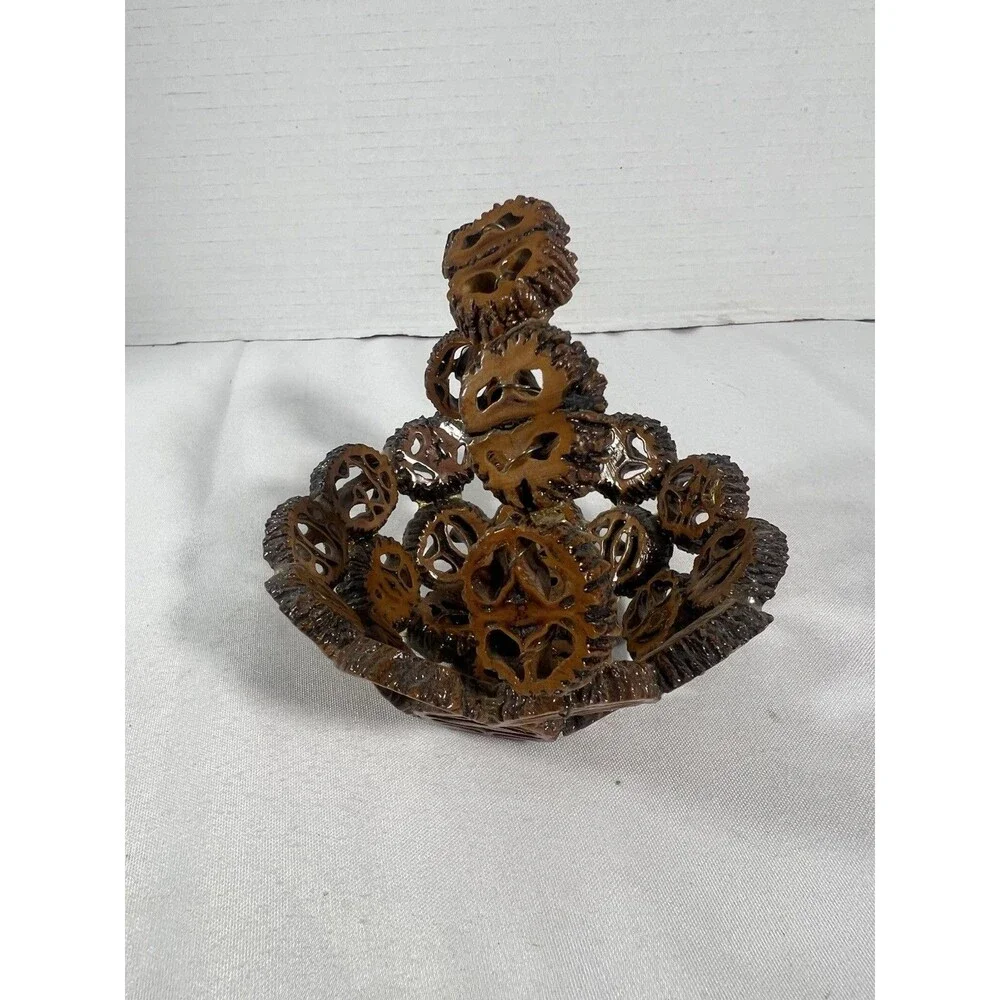 Vintage Handcrafted Black Walnut Shell Mini Basket Folk Art w/ Handle 4.5”
